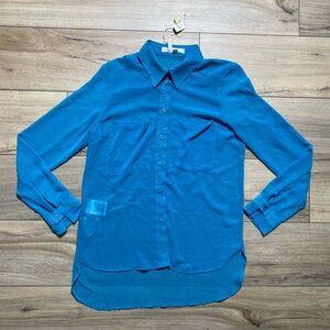 BCBGeneration Women Button Up Long‎ Sleeve Sheer Top Size Small Teal Blue